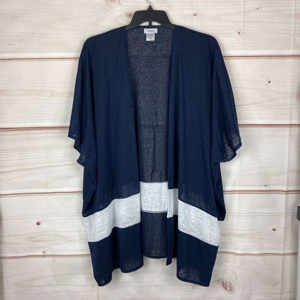 Tashon Cardigan Womens One Size Blue Slub Jersey‎ Bold Stripe Open Front Sweater